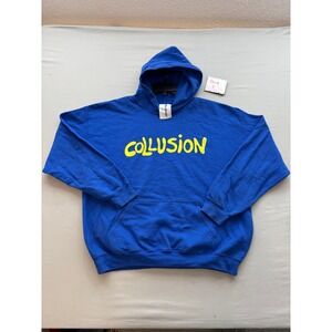 Collusion Hoodie Royal Blue Yellow Logo Graphic Pullover Streetwear Made in UK